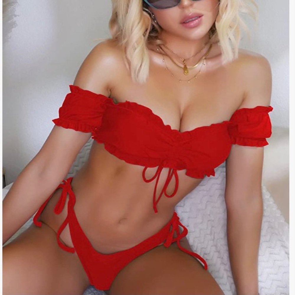 Red off the shoulder bikini.